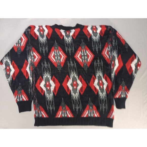 VTG Front Line Sweater Aztec Geometric Knit Black Red Made Hong Kong XL - Picture 10 of 11